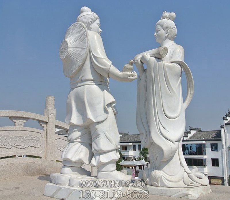 花園廣場擺放漢白玉古代人物牛郎織女石雕雕塑