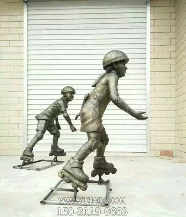 城市街道銅雕小孩玩輪滑公園人物兒童雕塑