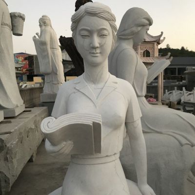 廣場擺放大理石雕刻校園看書女孩人物雕塑