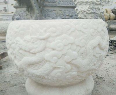 缸雕塑-漢白玉龍浮雕招財石雕水缸雕塑