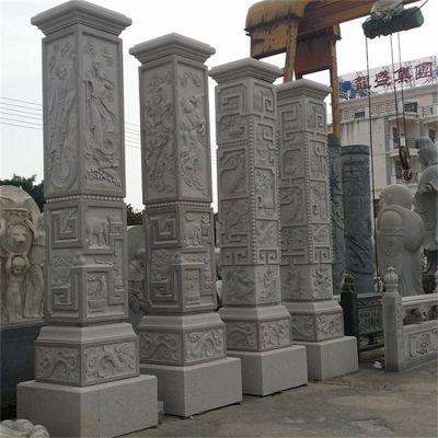 景點廣場擺放青石做舊浮雕文化石柱雕塑