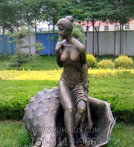 公園景區銅雕坐在海螺上的女孩雕塑