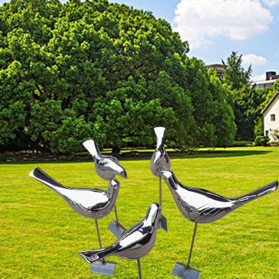 園林抽象動物景觀不銹鋼鏡面小鳥雕塑