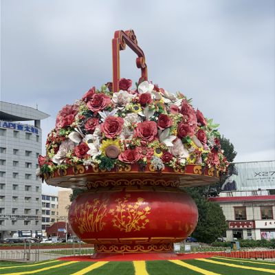 玻璃鋼彩繪國慶花卉戶外廣場大型花籃雕塑